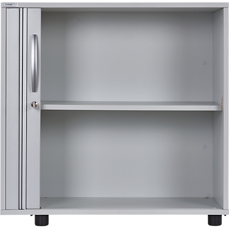 Grey filing cabinet with one door, handle and lock. Inside are two shelves.