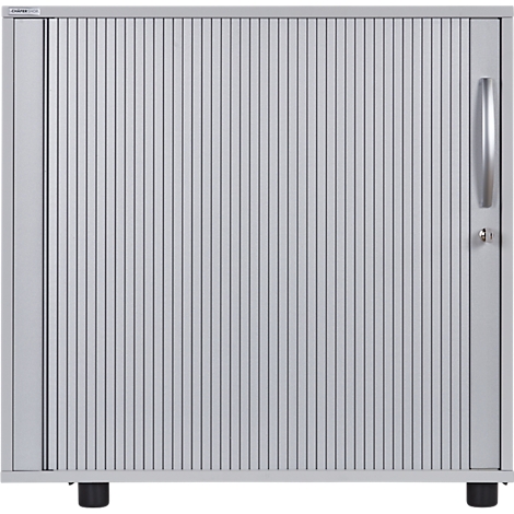Grey cabinet with ribbed door, silver handle and cylinder lock, on black feet.