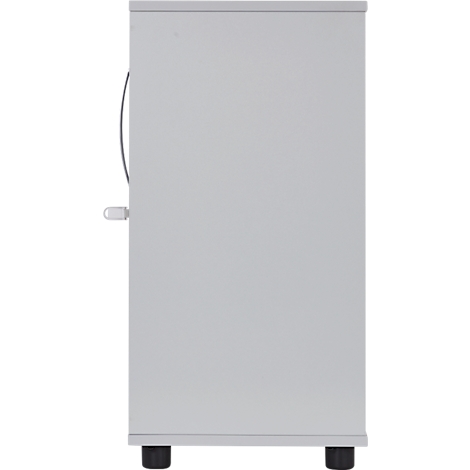Grey cabinet, side view. With door handle and two black feet.