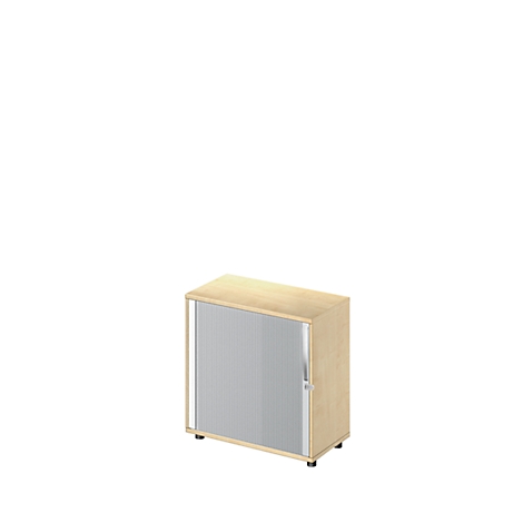 A light wood cabinet with roller shutters. The blinds are silver and the cabinet is set against a white background.