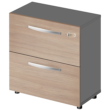 A two-drawer filing cabinet, wood look, gray sides, silver handles, with lock.