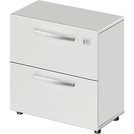 White bedside table with two drawers and silver handles.