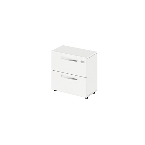 White bedside table with two drawers and silver handles, against a white background.