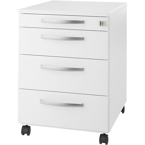 White, rolling filing cabinet with three drawers, metal handles and a small lock.