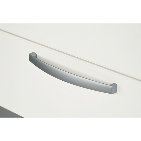 Gray, curved handle bar on white surface.