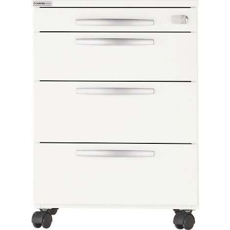 White file cabinet with four drawers, silver handles, and wheels.