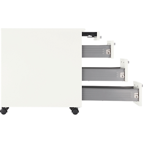 White rolling cabinet, three drawers open. Black wheels. Gray drawers.