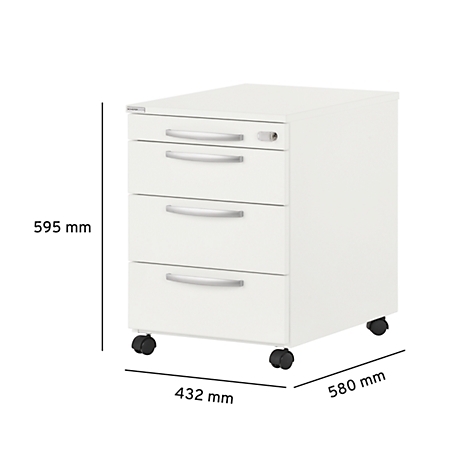 White filing cabinet with three drawers, silver handles and wheels. Dimensions: 595 mm high, 432 mm wide and 580 mm deep.