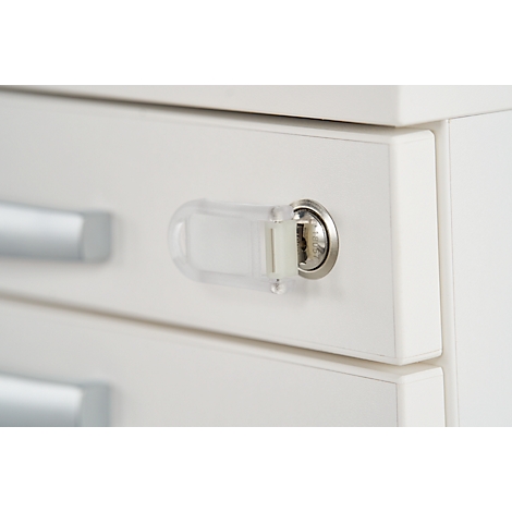 Close-up of a white cabinet with lock and child safety.