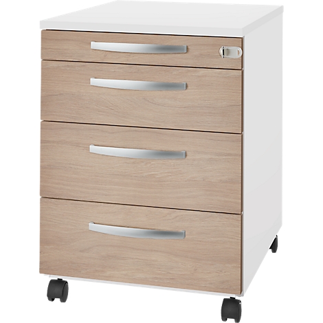 White, rolling filing cabinet with four drawers and silver handles. The drawers have a wood look.