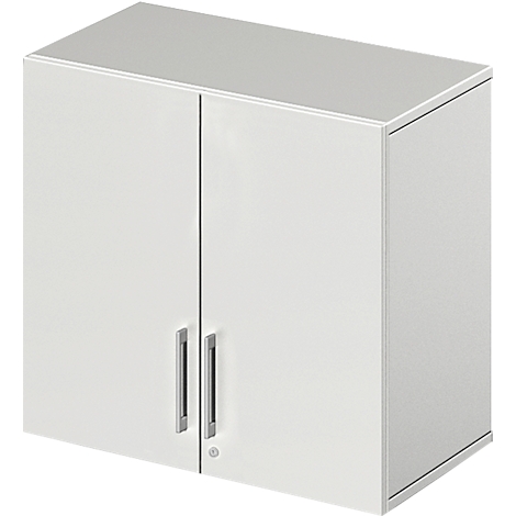 White hanging cabinet with two doors and silver handles.