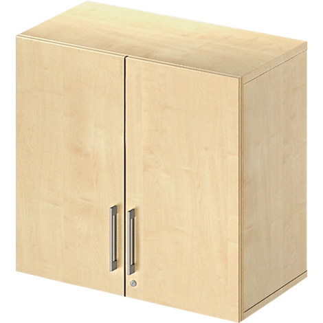 A wooden hanging cabinet with two doors, metallic handles, and a keyhole.