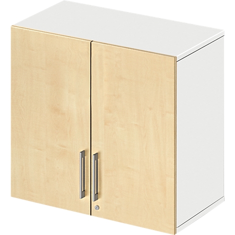 A beige, two-door cabinet mounted on a white wall. The cabinet has silver handles.
