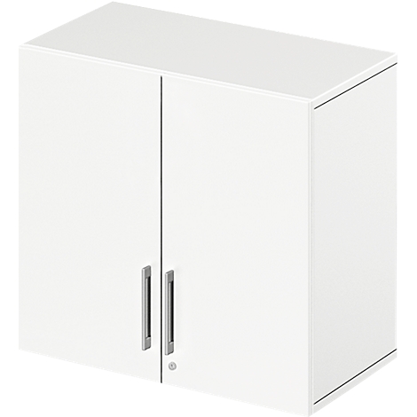 White wall cabinet with two doors and silver handles. A keyhole is at the bottom.