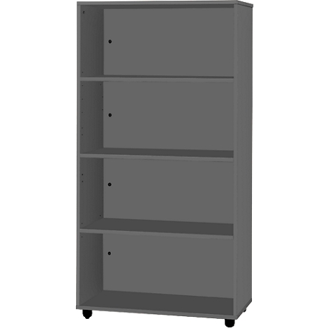 Gray bookcase with four compartments. There is a knob on each door.