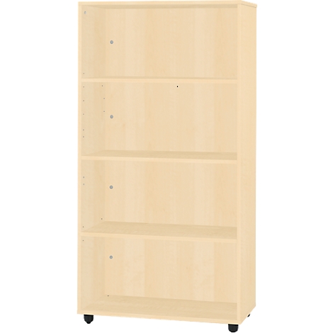 Beige wooden bookcase with four shelves and castors.