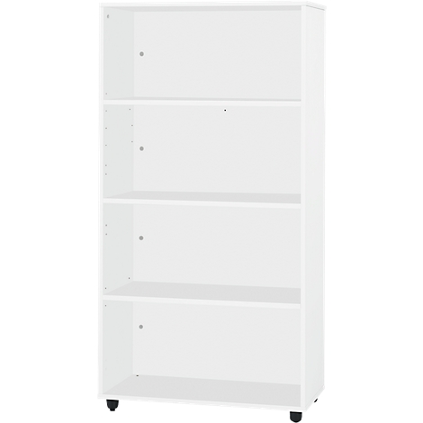 White bookshelf with four shelves. It stands on rollers.