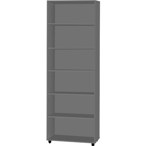 Gray bookcase with six shelves, standing on castors.