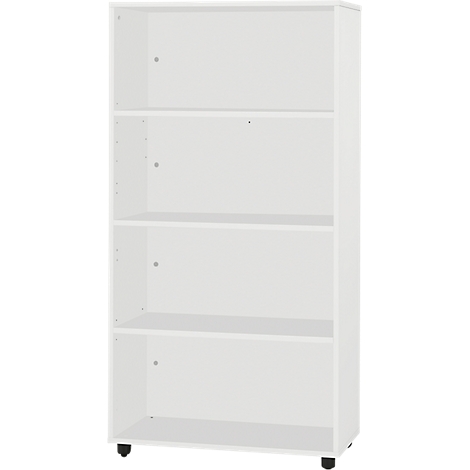 White bookshelf with four compartments, on castors. Straightforward design, simple background.