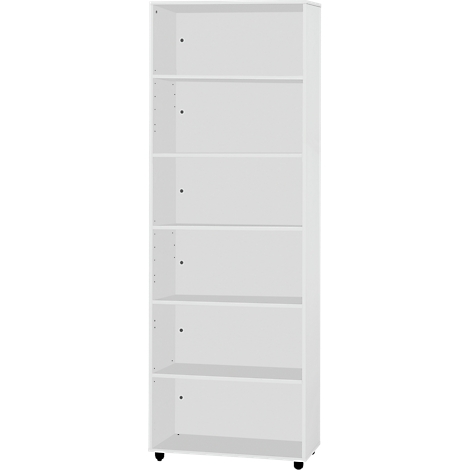 White bookshelf with six shelves, standing on rollers.
