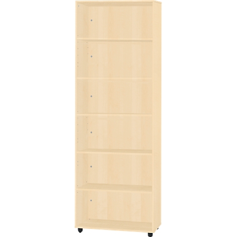 Tall, light-colored bookcase with six open compartments. The bookcase stands on castors.