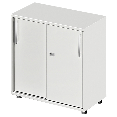 A white filing cabinet with two doors and silver handles. It stands on small black feet.