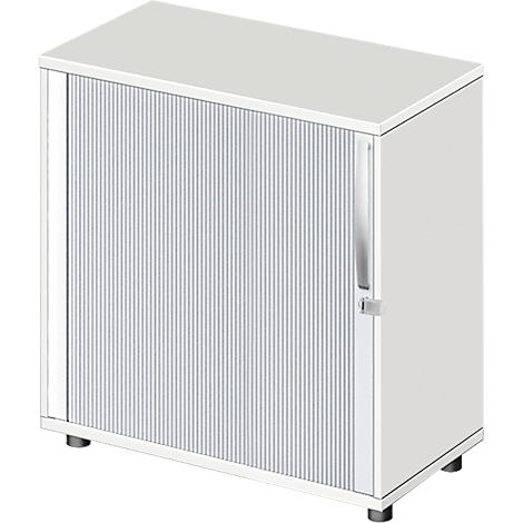 Small white office cabinet with a fluted front and handle. Standing on small feet.