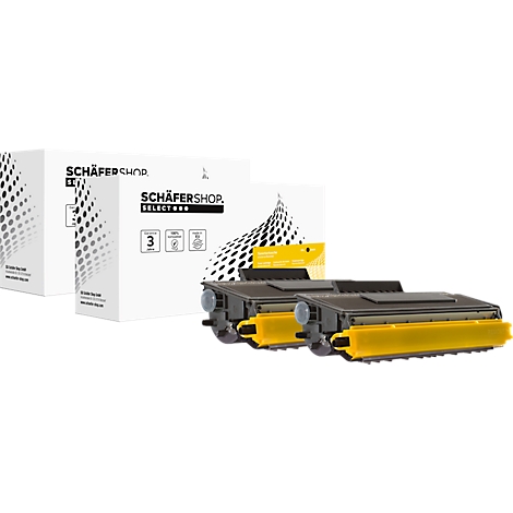 Trois cartouches de toner jaunes et noires devant deux boîtes blanches, avec l'inscription : SCHÄFERSHOP.