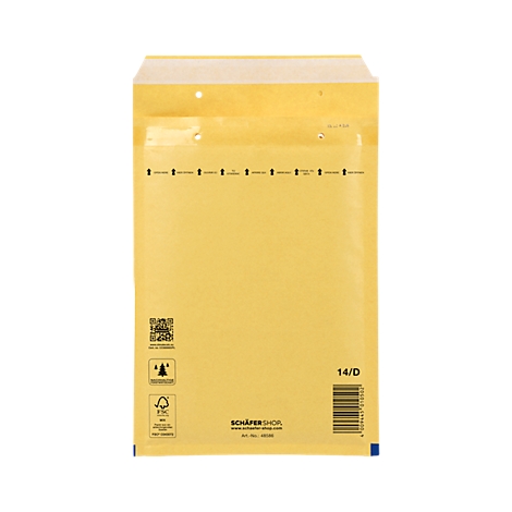 Gelber Luftpolsterumschlag mit Öffnungslöchern und Barcode, 14/D Beschriftung.