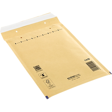 Braunes Luftpolstertaschen, weißer Verschluss, schwarze Aufdrucke.