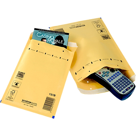Zwei gelbe Luftpolstertaschen; eine enthält eine DVD, die andere eine Fernbedienung.