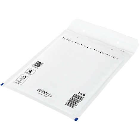 Weißer Luftpolsterumschlag mit Barcode und Aufdruck. Oben links Logos, rechts 14/D. Blau an den Ecken.