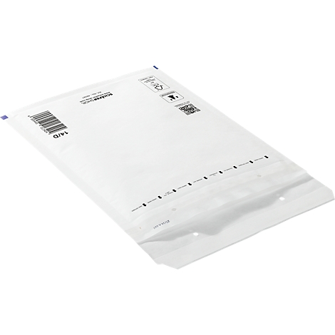 Weißer Luftpolstertasche schräg, mit Barcode, Text und schwarzen Markierungen. Oben blau versiegelt.