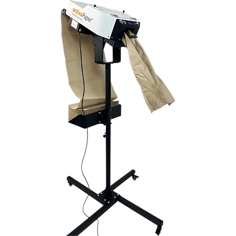 Machine à coussin en papier sur un support roulant. Le logo 'activaPaper' est visible.