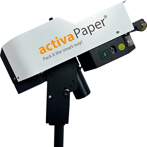 Machine avec boîtier blanc, logo orange "activaPaper" et le texte "Pack it the smart way!"