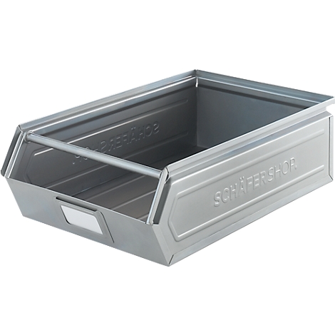 Grijze metalen box, met de tekst "SCHÄFERSHOP". Een handvat en een etikettenveld.