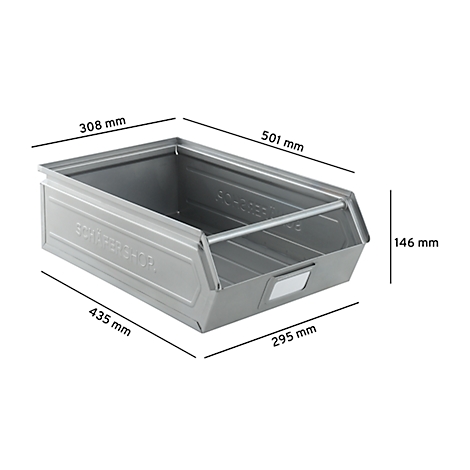 Grijze metalen doos met handgreep en maat specificaties. Afmetingen: 308x501x435x295x146 mm. Opschrift: SCHÄFER + Co.GR.