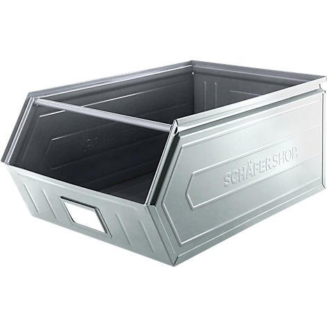 Grijze metalen doos, met handvathoogte en de inscriptie SCHÄFERSHOP.