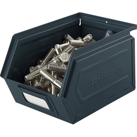 Donkerblauwe metalen doos gevuld met schroeven. Op de zijkant staat 'SCHAFERSHOP'.
