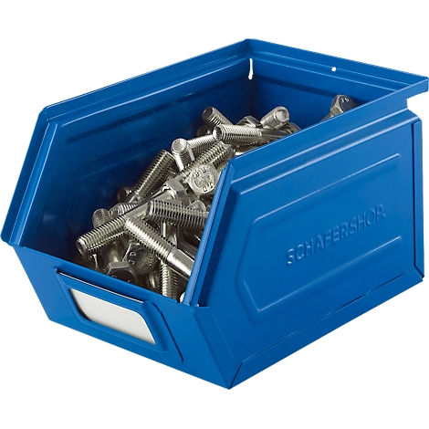 Blauwe plastic doos gevuld met zilveren schroeven. Opschrift: SCHAFERSHOP.