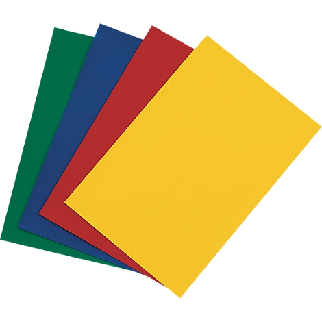 Fanned out sheets of green, blue, red, and yellow paper.