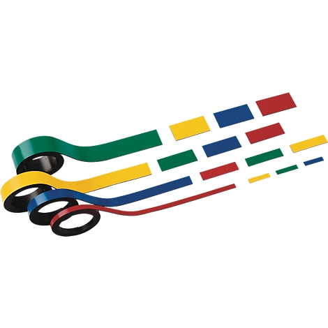 Colorful, curved adhesive tapes in green, yellow, blue, and red; also rectangular color areas.