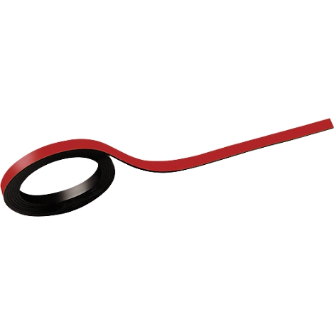 Rolled red strip laying over a black strip.