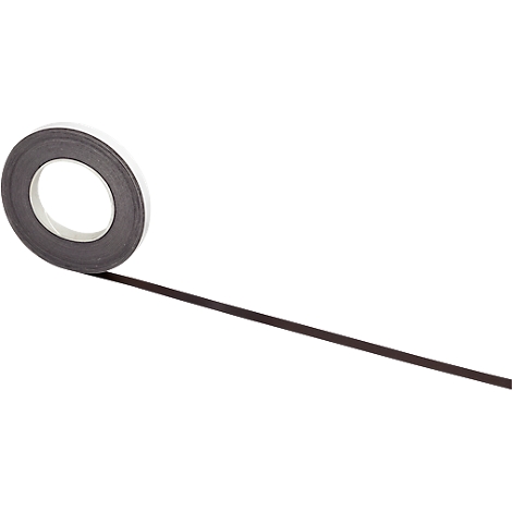 A roll of black tape unrolling on a white surface.