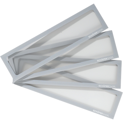 Vier graue Rahmen, übereinander gelegt, mit der Aufschrift „SCHÄFER SHOP“.