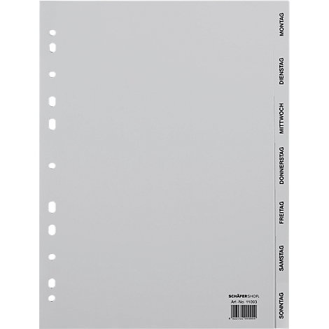Grijze tab met perforatie. Opschrift in het zwart: maandag t/m zondag. Onder: SCHÄFERSHOP, Art.Nr. 11503.
