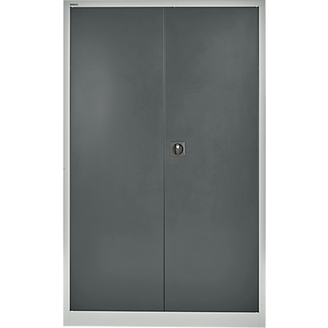 Grijze dubbele deur met zilveren handgreep en wit frame.