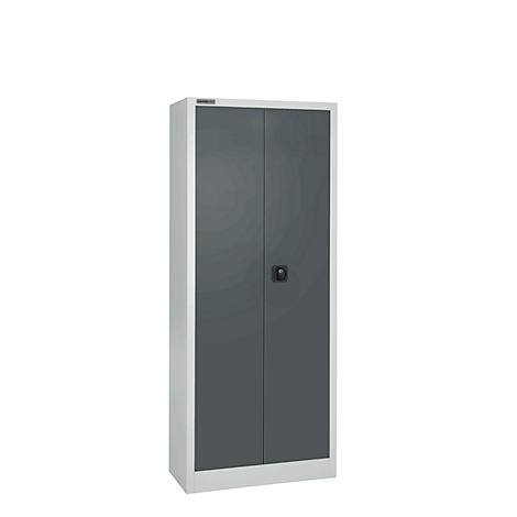 Gray metal cabinet with two doors and a black handle, against a white background.