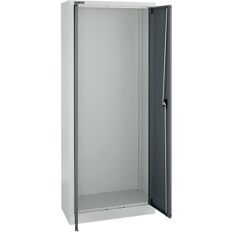 Open steel cabinet, gray body, gray doors. The cabinet is empty.