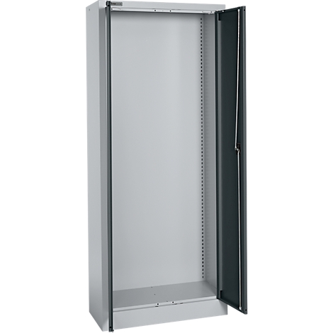 Open, empty metal cabinet with one door, light gray with a darker frame.